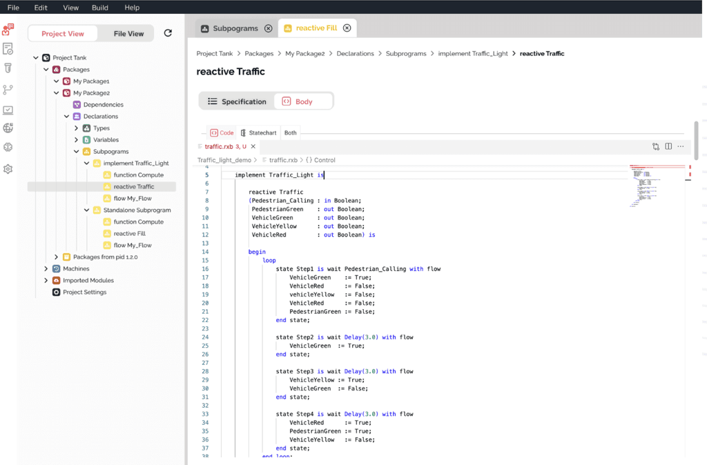 Chronax Studio showing a reactive type with project tree and code editor